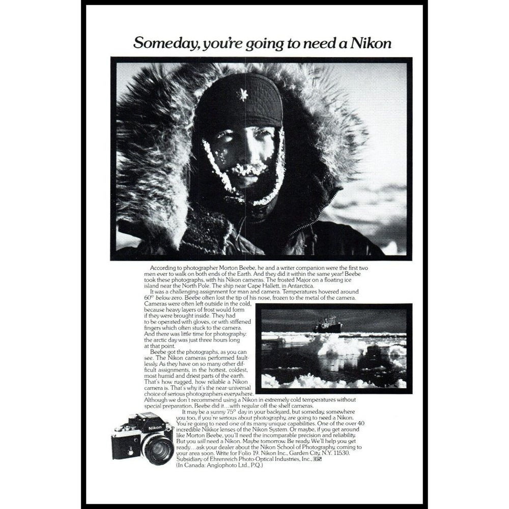 1974 Nikon Film SLR Camera Arctic Expedition Vintage Print Ad Parka Ice Breaker